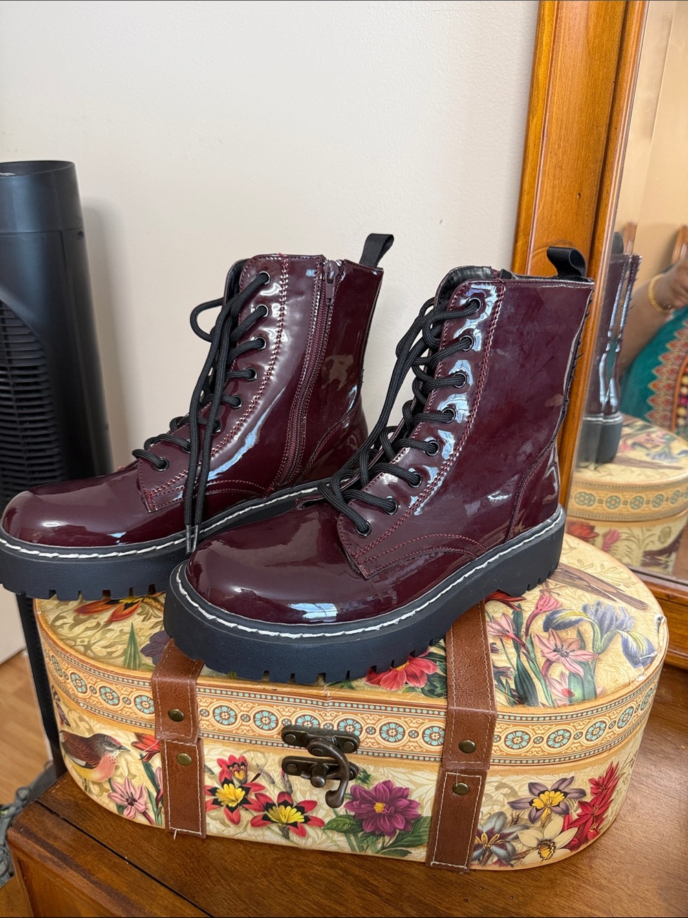 Sincerly Jules Burgundy Patent Lace-Up Moto Boots